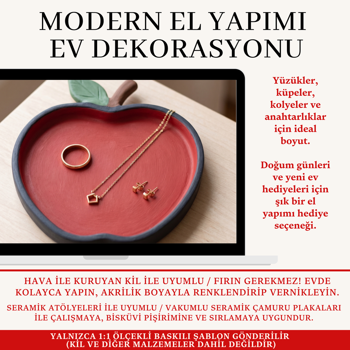 Elma Takı Tabağı Kil Şablonu ve Yapım Kılavuzu – 1:1 Baskılı Kalıp