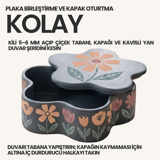 Çiçek Takı Kutusu Kil Şablonu ve Yapım Kılavuzu – 1:1 Baskılı Kapaklı Model Kalıbı
