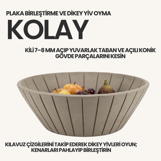 İskandinav Yivli Meyve Kasesi Kil Şablonu ve Yapım Kılavuzu – 1:1 Baskılı Kalıp