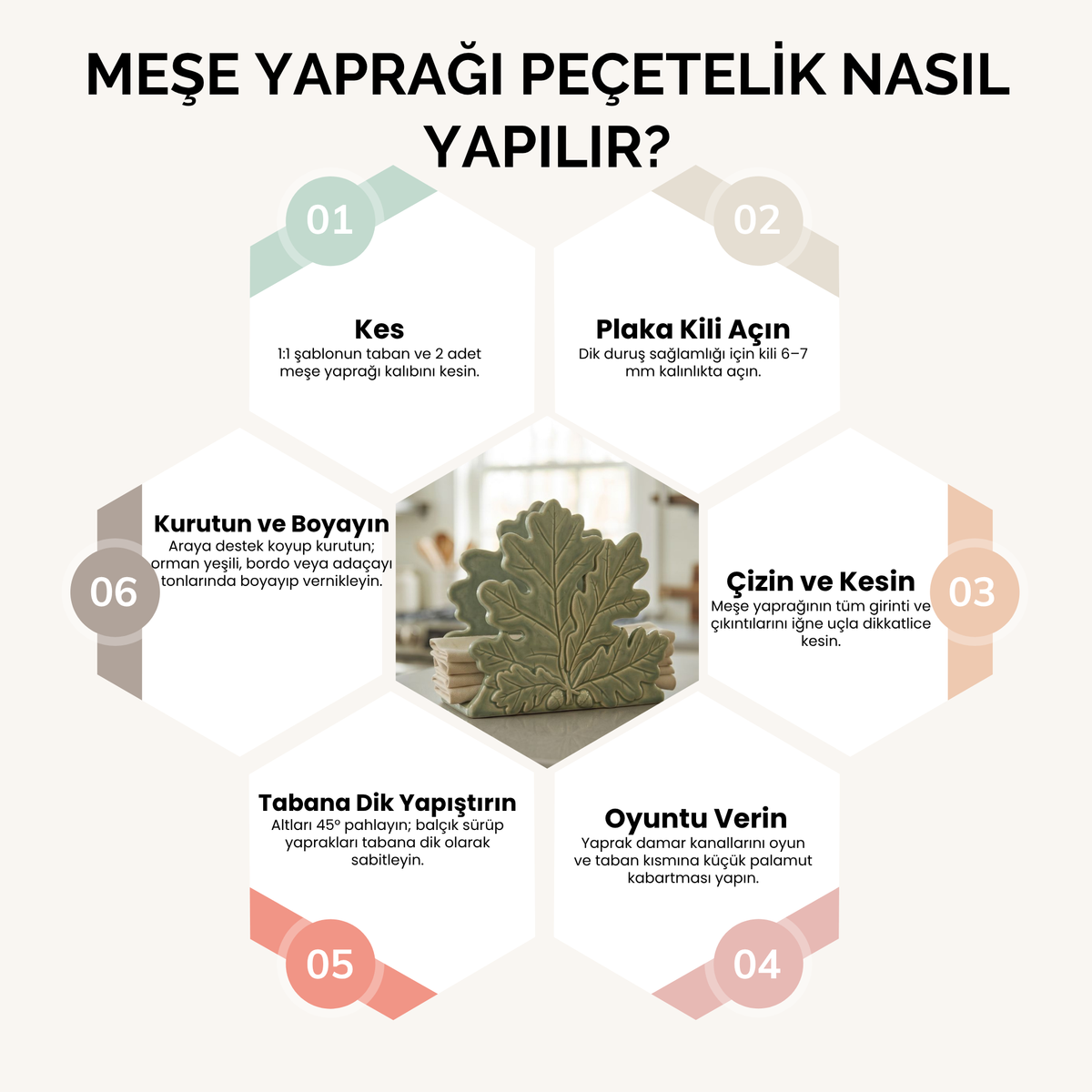 Meşe Yaprağı Peçetelik Kil Şablonu ve Yapım Kılavuzu – 1:1 Baskılı Kalıp