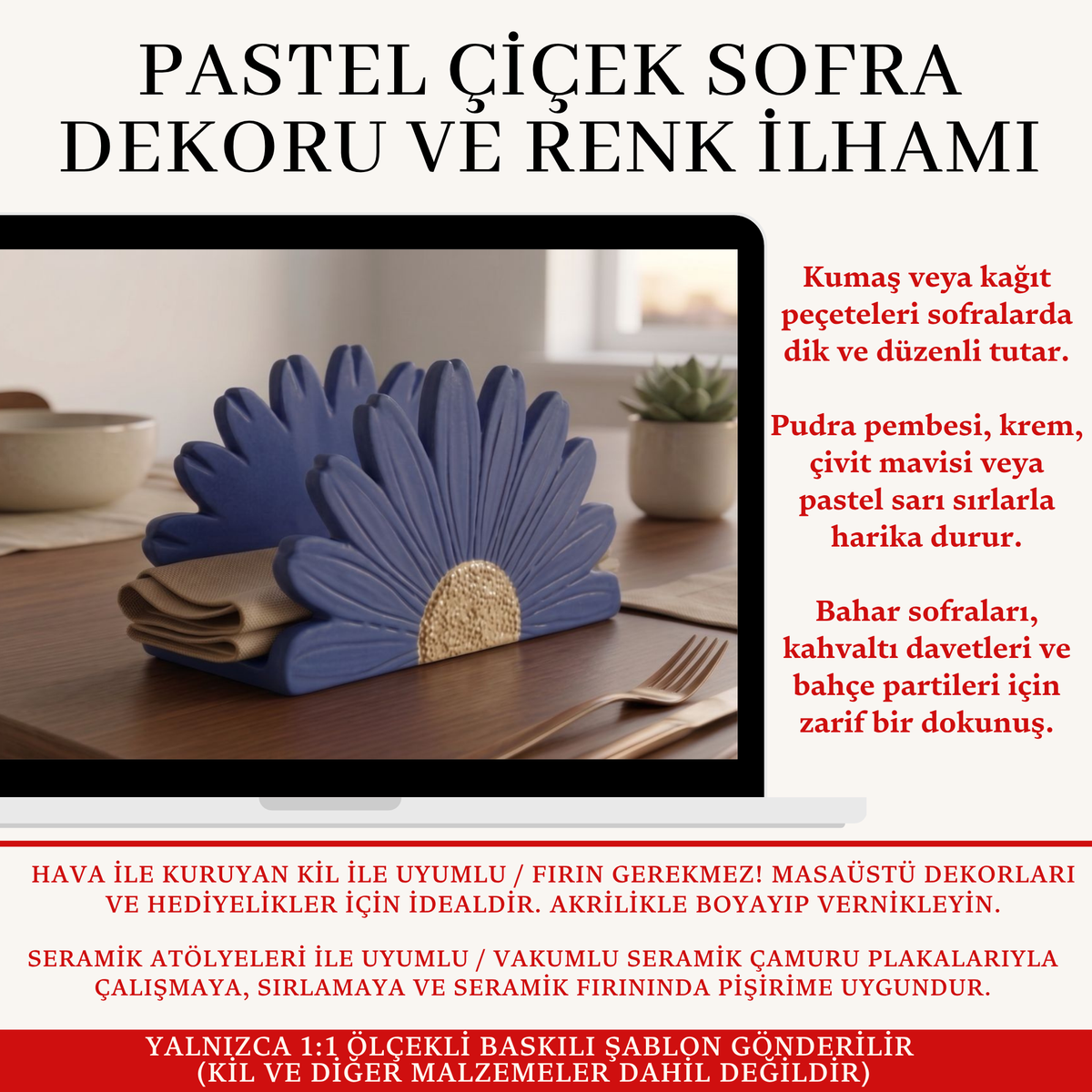 İnce Yapraklı Papatya Peçetelik Kil Şablonu ve Yapım Kılavuzu – 1:1 Baskılı Kalıp