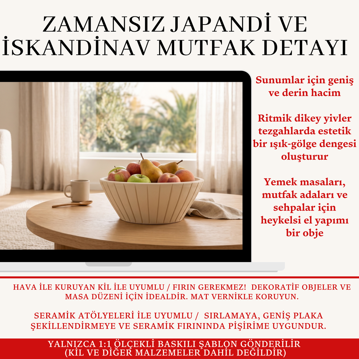 İskandinav Yivli Meyve Kasesi Kil Şablonu ve Yapım Kılavuzu – 1:1 Baskılı Kalıp