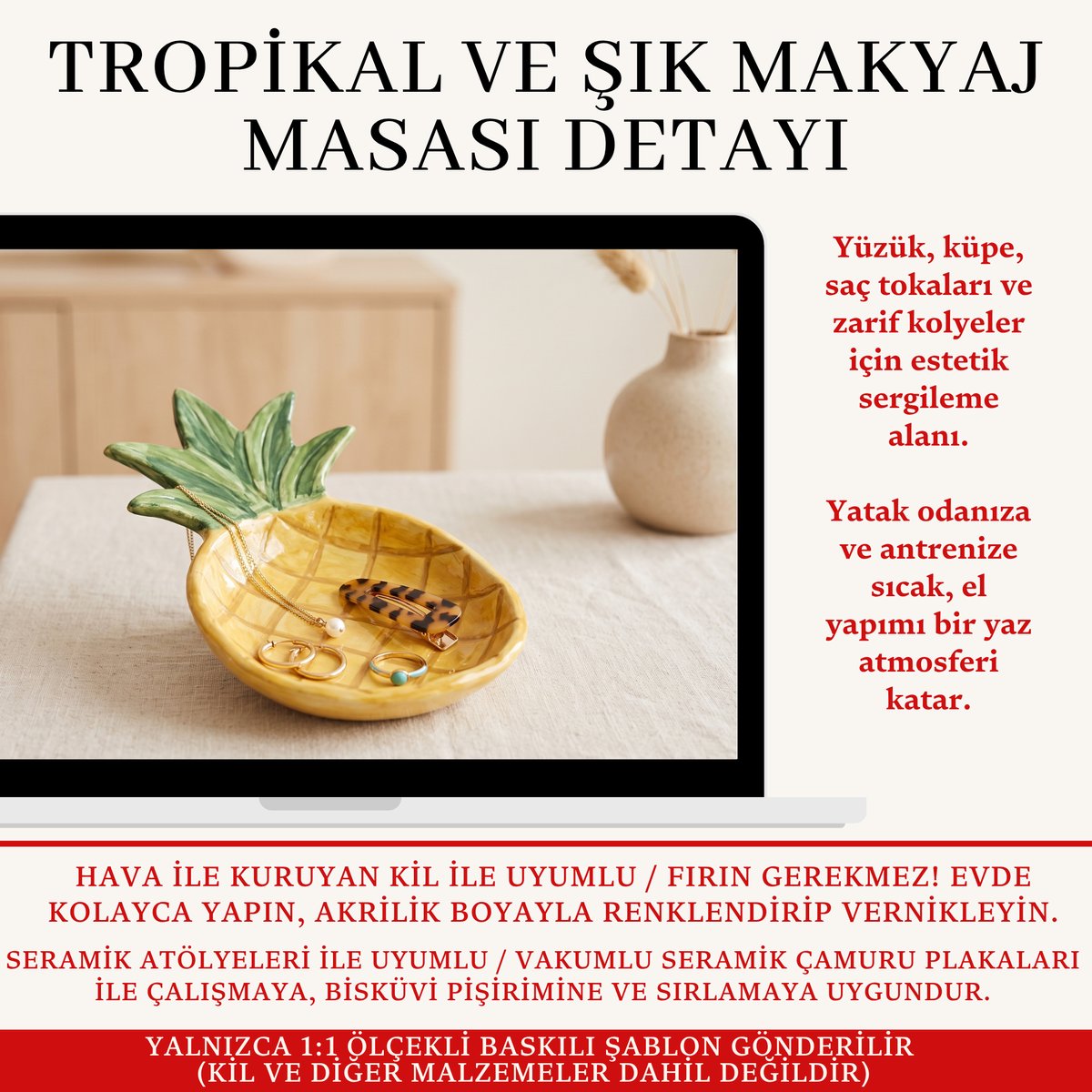 Ananas Takı Tabağı Kil Şablonu ve Yapım Kılavuzu – 1:1 Baskılı Kalıp