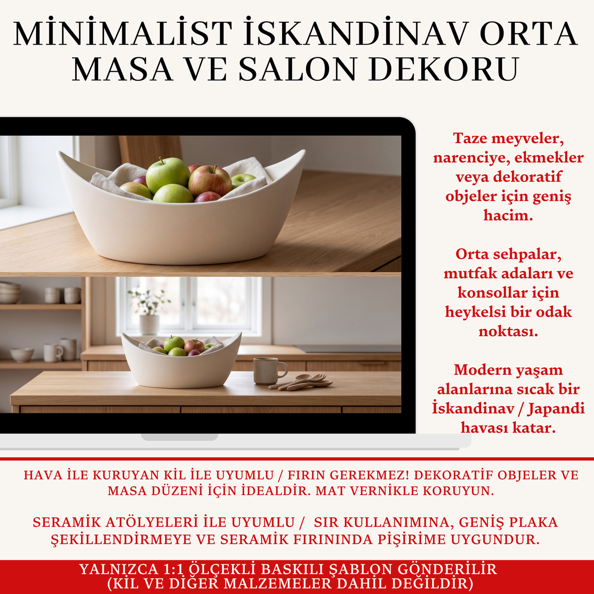 İskandinav Meyve Kasesi Kil Şablonu ve Yapım Kılavuzu – 1:1 Baskılı Kavisli Form Kalıbı